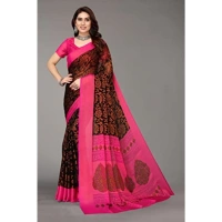 Women's Viscose Rayon Printed Saree With Unstitched Blouse (Black) - Black