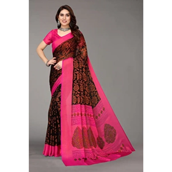 Women's Viscose Rayon Printed Saree With Unstitched Blouse (Black) - Black
