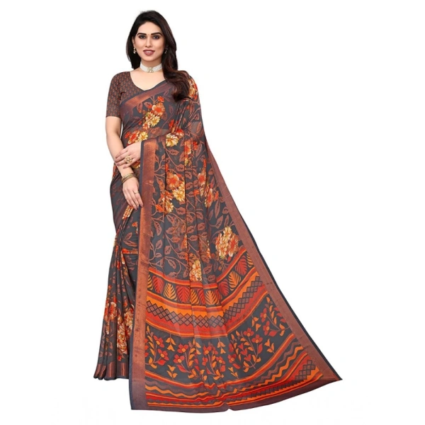 Women's Viscose Rayon Printed Saree With Unstitched Blouse (Grey) - Grey