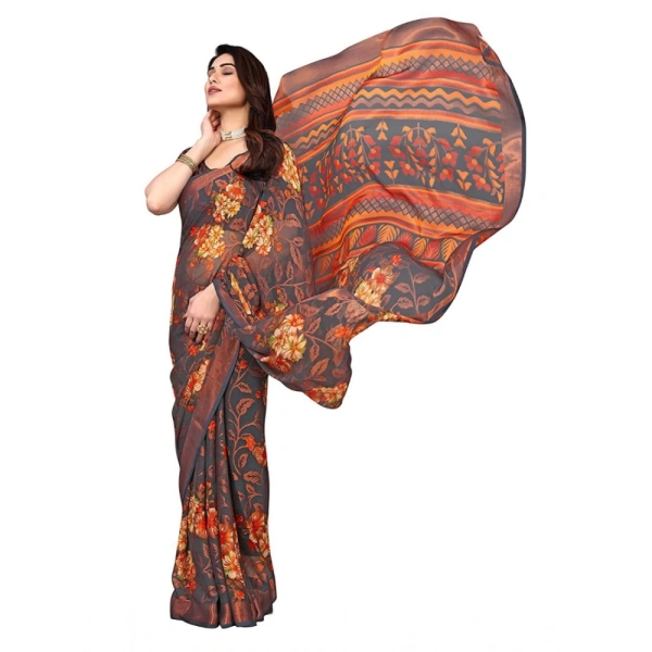 Women's Viscose Rayon Printed Saree With Unstitched Blouse (Grey) - Grey