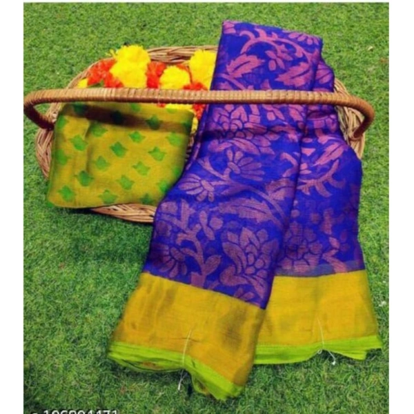 Women's Viscose Rayon Printed Saree With Unstitched Blouse (Royal Blue) - Royal Blue