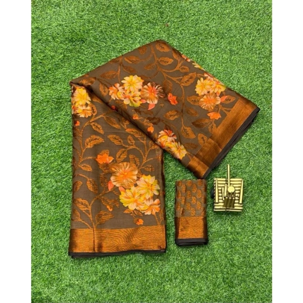 Women's Viscose Rayon Printed Saree With Unstitched Blouse (Brown) - Brown