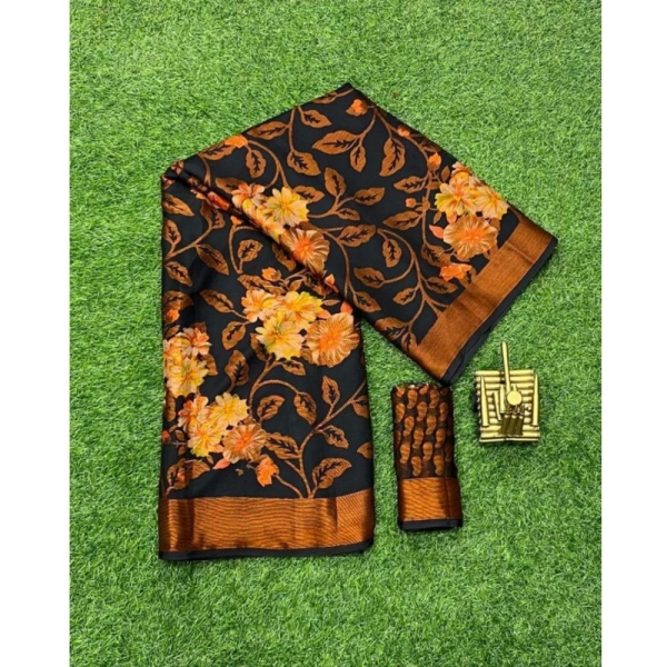 Women's Viscose Rayon Printed Saree With Unstitched Blouse (Black) - Black