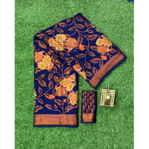Women's Viscose Rayon Printed Saree With Unstitched Blouse (Navyblue) - Navyblue