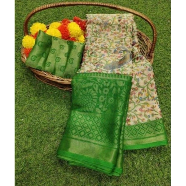 Women's Viscose Rayon Printed Saree With Unstitched Blouse (Green) - Green