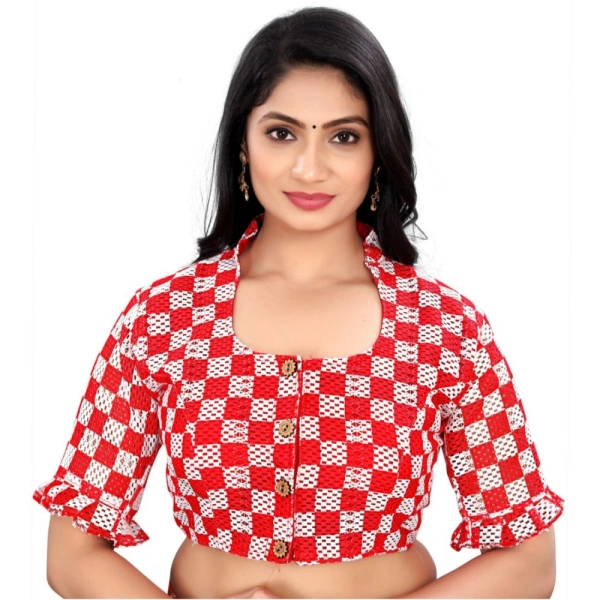 Women's Cotton Blend Checks Readymade Blouse (Red, Size: Free Size)