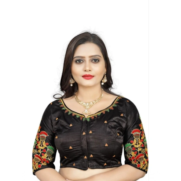 Women's Malai Silk Floral Readymade Blouse (Black, Size: Free Size)
