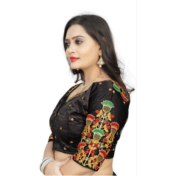 Women's Malai Silk Floral Readymade Blouse (Black, Size: Free Size)