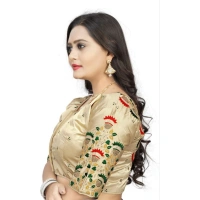 Women's Malai Silk Floral Readymade Blouse (Cream, Size: Free Size)