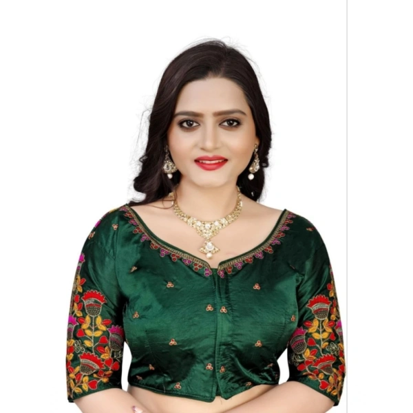 Women's Malai Silk Floral Readymade Blouse (Green, Size: Free Size)