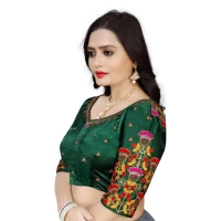 Women's Malai Silk Floral Readymade Blouse (Green, Size: Free Size)