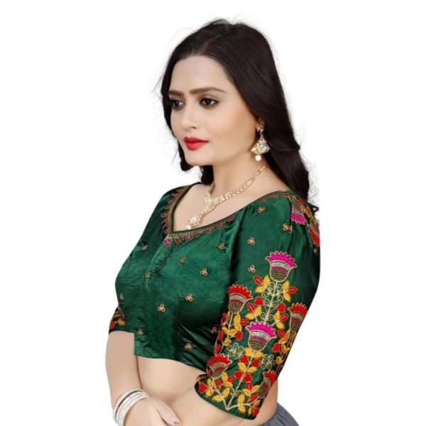 Women's Malai Silk Floral Readymade Blouse (Green, Size: Free Size)