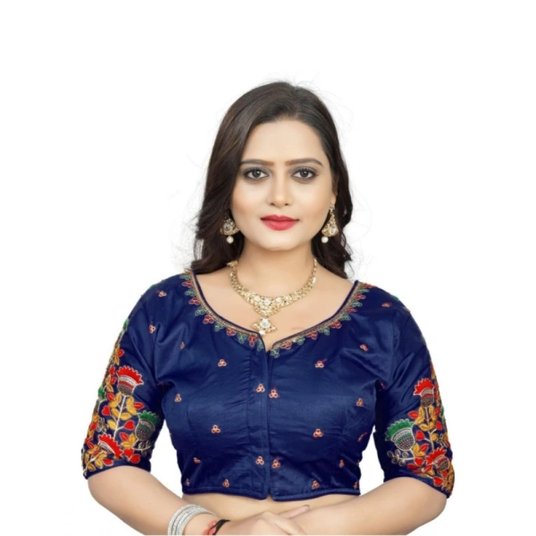 Women's Malai Silk Floral Readymade Blouse (Navy Blue, Size: Free Size)