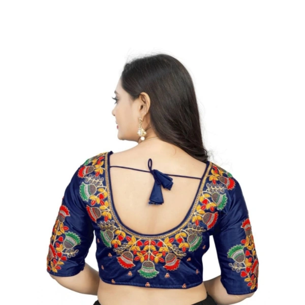 Women's Malai Silk Floral Readymade Blouse (Navy Blue, Size: Free Size)