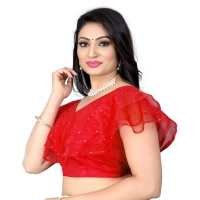 Women's Nylon Diamond Work Readymade Blouse (Red, Size: Free Size)