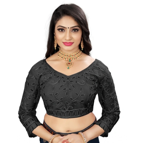 Women's Nylon Net Embroidery Readymade Blouse (Black, Size: Free Size)