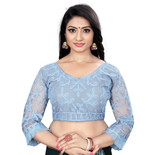 Women's Nylon Net Embroidery Readymade Blouse (Grey, Size: Free Size)