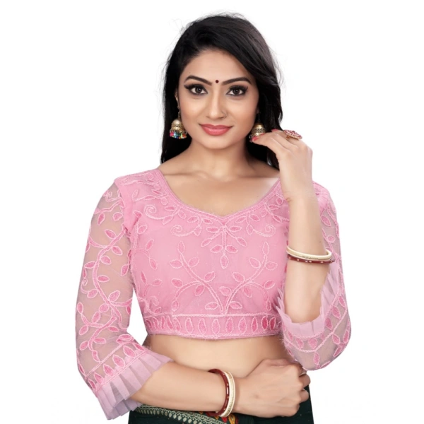 Women's Nylon Net Embroidery Readymade Blouse (Pink, Size: Free Size)