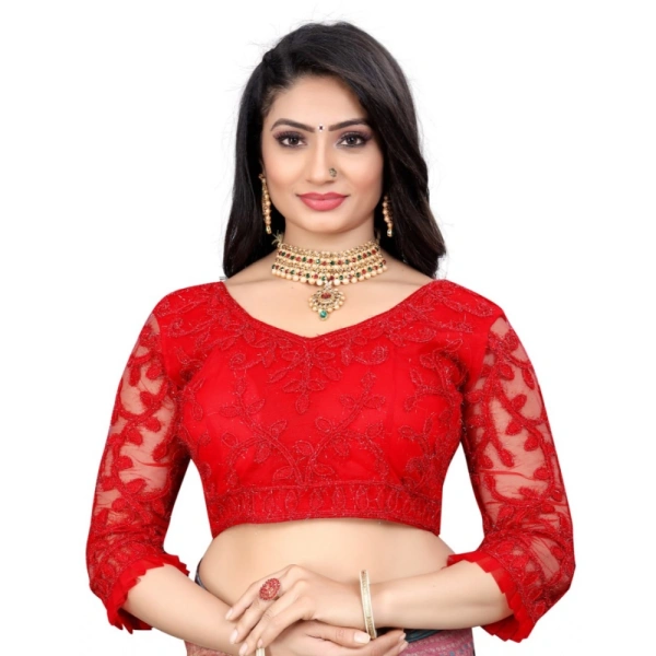Women's Nylon Net Embroidery Readymade Blouse (Red, Size: Free Size)
