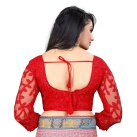 Women's Nylon Net Embroidery Readymade Blouse (Red, Size: Free Size)