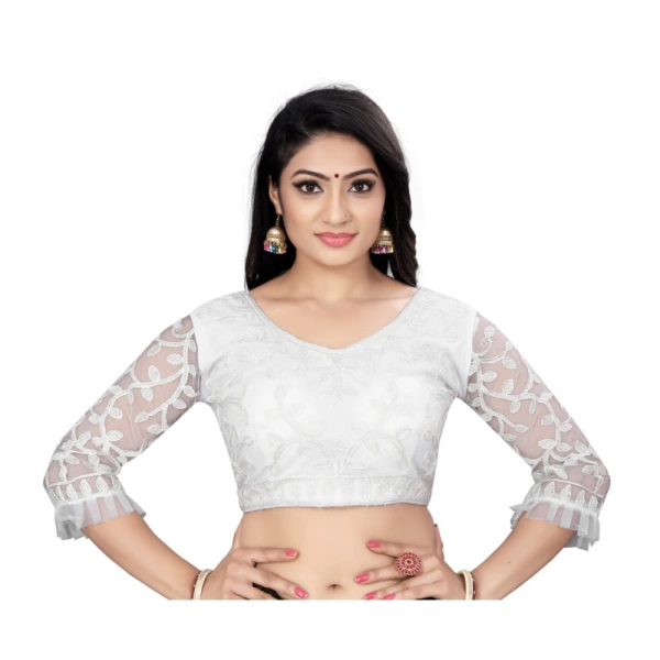 Women's Nylon Net Embroidery Readymade Blouse (White, Size: Free Size)