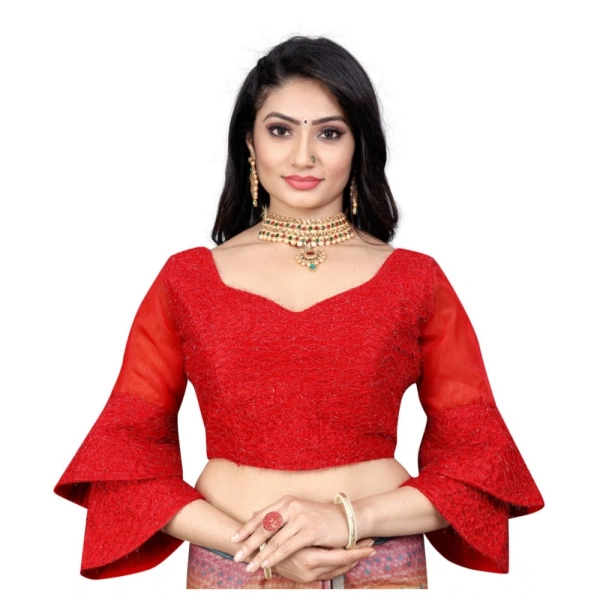 Women's Organza Embroidery Readymade Blouse (Red, Size: Free Size)