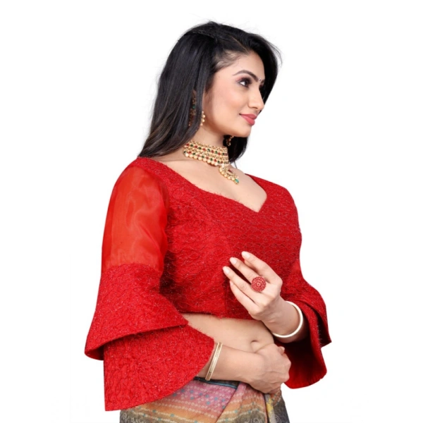 Women's Organza Embroidery Readymade Blouse (Red, Size: Free Size)