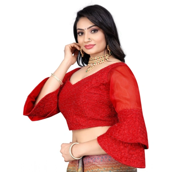 Women's Organza Embroidery Readymade Blouse (Red, Size: Free Size)