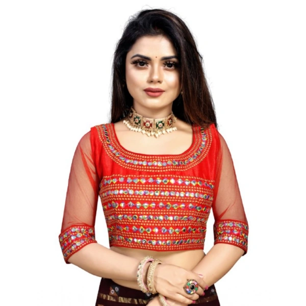 Women's Phantom Silk Embroidery Readymade Blouse (Red, Size: Free Size)