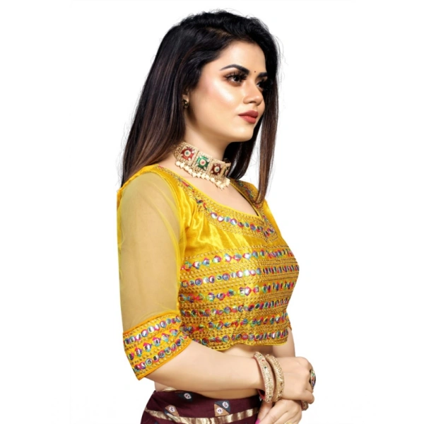 Women's Phantom Silk Embroidery Readymade Blouse (Yellow, Size: Free Size)