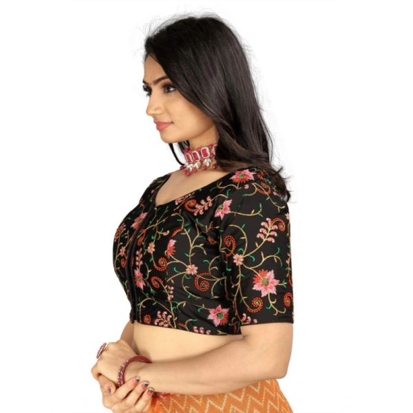 Women's Satin Floral Readymade Blouse (Black, Size: Free Size)