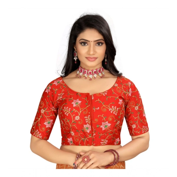 Women's Satin Floral Readymade Blouse (Red, Size: Free Size)