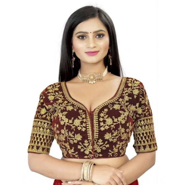 Women's Velvet Embroidery Readymade Blouse (Brown, Size: Free Size)