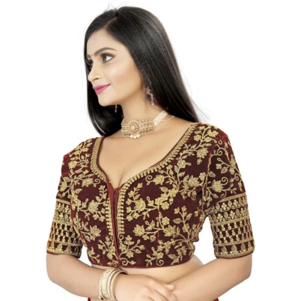 Women's Velvet Embroidery Readymade Blouse (Brown, Size: Free Size)