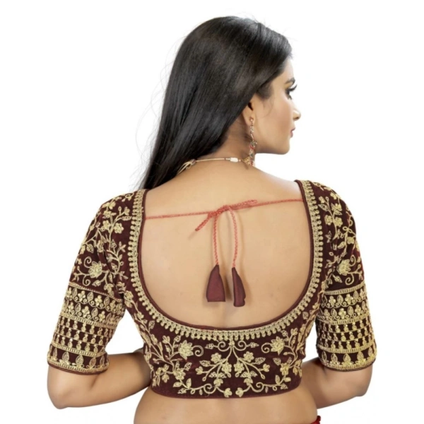 Women's Velvet Embroidery Readymade Blouse (Brown, Size: Free Size)