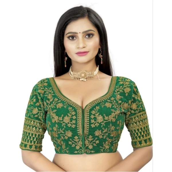 Women's Velvet Embroidery Readymade Blouse (Green, Size: Free Size)