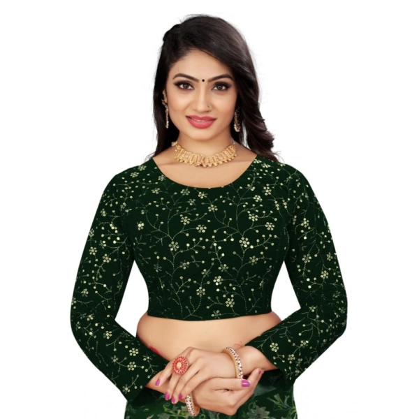 Women's Velvet Embroidery Readymade Blouse (Green, Size: Free Size)