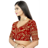 Women's Velvet Embroidery Readymade Blouse (Red, Size: Free Size)