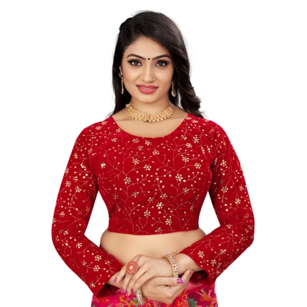 Women's Velvet Embroidery Readymade Blouse (Red, Size: Free Size)
