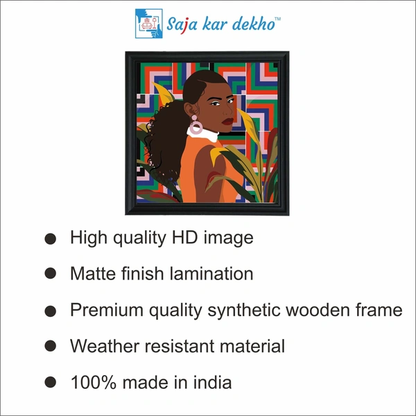 SAJA KAR DEKHO The Grown Girl With Green, Orange, Blue And Pink Line Background Art High Quality Weather Resistant HD Wall Frame | 20 x 20 inch | - 20 X 20 inch