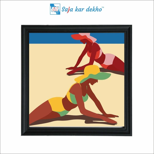 SAJA KAR DEKHO Two Girls Are Sleeping On The Beach Illustration High Quality Weather Resistant HD Wall Frame | 20 x 20 inch | - 20 X 20 inch