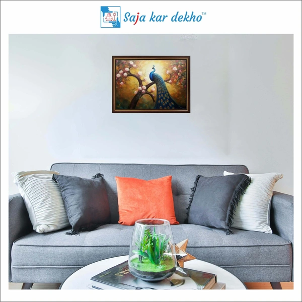 SAJA KAR DEKHO A Peacock Sits On A Tree With Beautiful Flowers High Quality Weather Resistant HD Wall Frame | 18 x 12 inch | - 18 X 12 inch