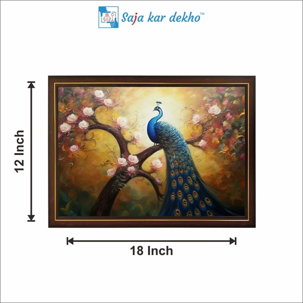 SAJA KAR DEKHO A Peacock Sits On A Tree With Beautiful Flowers High Quality Weather Resistant HD Wall Frame | 18 x 12 inch | - 18 X 12 inch