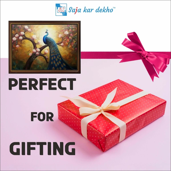 SAJA KAR DEKHO A Peacock Sits On A Tree With Beautiful Flowers High Quality Weather Resistant HD Wall Frame | 18 x 12 inch | - 18 X 12 inch