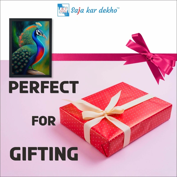 SAJA KAR DEKHO Beautiful Peacock With Colorful Background High Quality Weather Resistant HD Wall Frame | 18 x 12 inch | - 18 X 12 inch