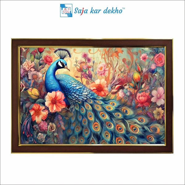 SAJA KAR DEKHO Beautiful Peacock With Multi color Flowers High Quality Weather Resistant HD Wall Frame | 18 x 12 inch | - 18 X 12 inch