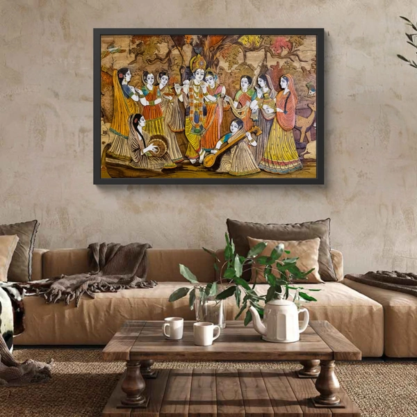 SAJA KAR DEKHO Radha Krishna With Gopi High Quality Weather Resistant HD Wall Frame | 18 x 12 inch | - 18 X 12 inch