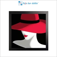 SAJA KAR DEKHO Woman In Hat With Red Lip Art High Quality Weather Resistant HD Wall Frame | 20 x 20 inch | - 20 X 20 inch