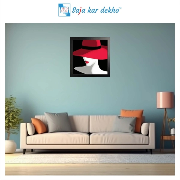 SAJA KAR DEKHO Woman In Hat With Red Lip Art High Quality Weather Resistant HD Wall Frame | 20 x 20 inch | - 20 X 20 inch