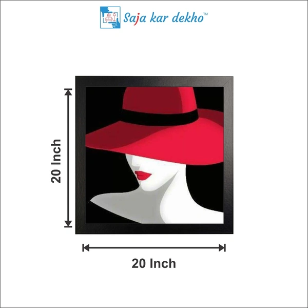 SAJA KAR DEKHO Woman In Hat With Red Lip Art High Quality Weather Resistant HD Wall Frame | 20 x 20 inch | - 20 X 20 inch